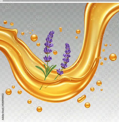 Lavender Infusion: A serene lavender stem adorned with purple blossom amidst a fluid cascade of golden oil, embodying calmness and tranquility