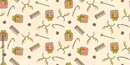 Christmas gifts seamless pattern. Sugar cane, lollipop, presents, deer antlers and cinnamon sticks tossed allover the light isolated background.