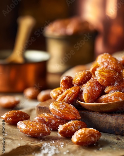 Mandorle Pralinate: A studio shot glossy caramel coated almonds crunchy shell golden brown sugar crystals rugged texture homemade sweetness.