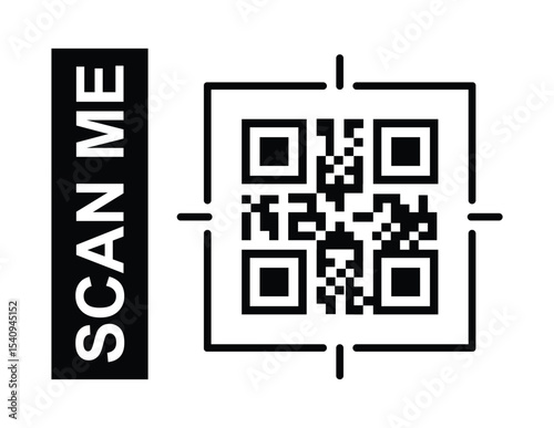 Minimalist black and white QR code centered, framed by a thin border. Bold sans-serif "SCAN ME" text label placed clearly to its left. Clean, high-contrast design, direct frontal perspective. 