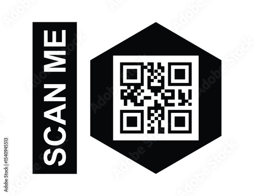 Minimalist black and white QR code centered, framed by a thin border. Bold sans-serif "SCAN ME" text label placed clearly to its left. Clean, high-contrast design, direct frontal perspective. 