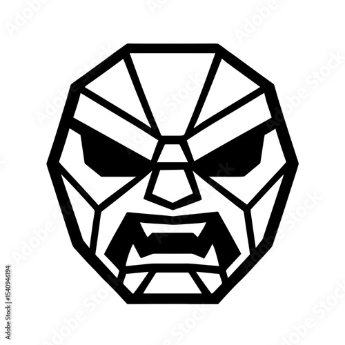 An emblem of a geometric mask, a symbol of intrigue and mystery, its strong lines and contrasting shadows convey a sense of power and ancient mystique. 