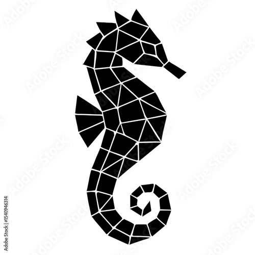 A stylized, black-and-white illustration of a seahorse is presented, using a low-poly, geometric design to capture its elegant form. The seahorse's silhouette is the focus.