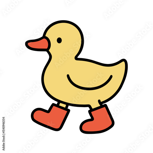 A charming and whimsical illustration of a cheerful duckling sporting rubber boots and walking in style, showcasing a delightful playful character.