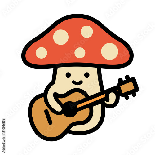 A cheerful cartoon mushroom serenades with a guitar, creating a whimsical scene.