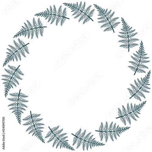 The frame is round made of blue fern leaves on a white background. Dyeing of postcards, invitations, prints.