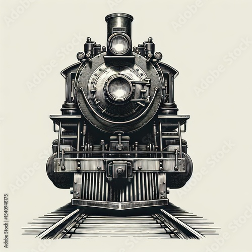 Vintage Steam Train Illustration - Front View, Detailed Engraving, Antique Locomotive, Rail Transport, Historical, Retro Style