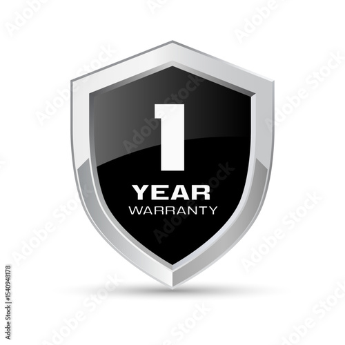1 year warranty silver metal shield in black color vector illustration. One year warranty protection icon. Metallic security badge. Black glossy metal emblem.