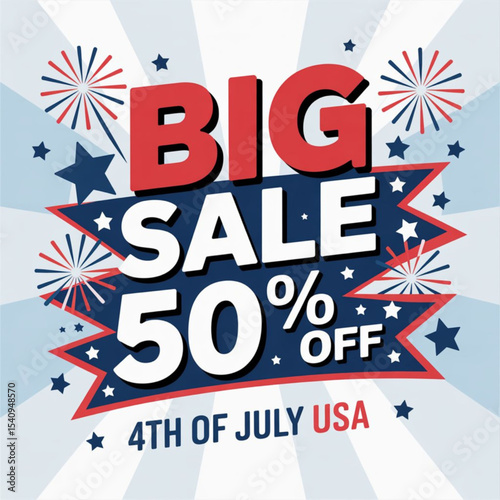 Big Sale banner for Independence day. Offer of 50 per cent discount. Template for your design, card, flyer, poster for 4th of July in USA. Vector illustration.  vector illustration on white background