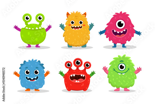 set of cartoon monsters. Cute monster in flat style. Kids funny character design for posters, cards, magazins. Vector illustration
