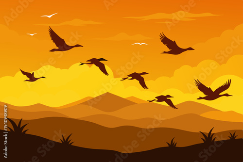 Majestic Birds in Flight Over Golden Sunset Landscape