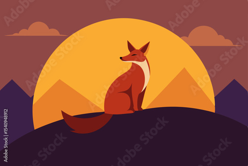 Majestic Fox Silhouette at Sunset A Serene Desert Landscape Illustration