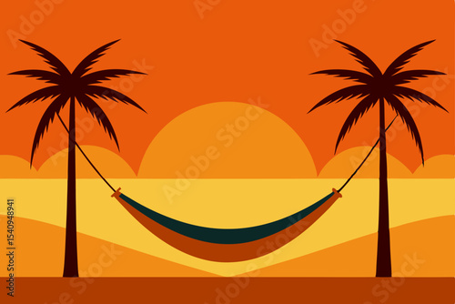 Sunset Serenity Relaxing Hammock Scene Between Palm Trees