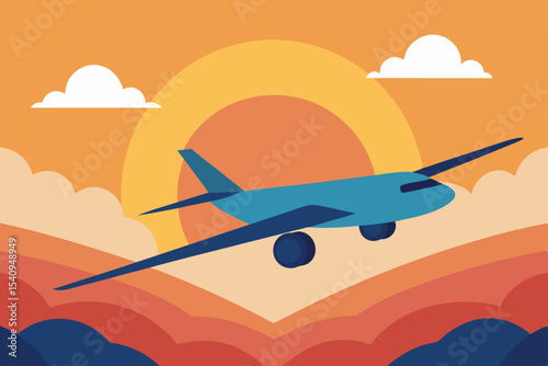 Sunset Flight Airplane Soaring Above Colorful Landscape