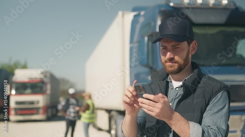 Relaxed man in cap standing near truck and looking at phone screen while holding it with both hands. Scrolling on smartphone through social media during break. Enjoying quiet moment alone.