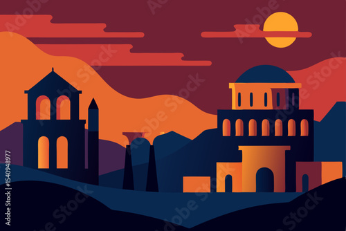Sunset over Ancient City A Stunning Architectural Illustration