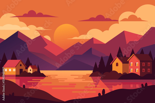 Serene Sunset Landscape Mountain Lake Village Illustration