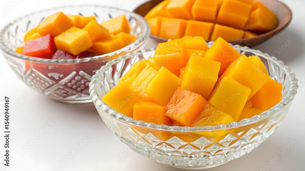 Diced mango pieces are arranged in a clear glass bowl, alongside another bowl with a red fruit, creating a vibrant and appetizing display Diced mango pieces are arranged in a clear glass bowl, alongside another bowl with a red fruit, creating a vibrant and appetizing display
