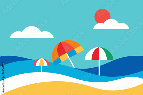 Summer Beach Scene Colorful Umbrellas, Sunny Sky, and Ocean Waves