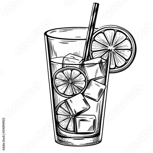 Refreshing lemonade with ice cubes and lemon slices in glass, vector isolated on white background 
