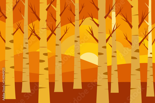 Autumn Sunset Birch Forest Illustration - Warm Colors and Serene Landscape