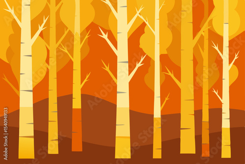 Autumnal Birch Forest Vibrant Orange and Yellow Trees