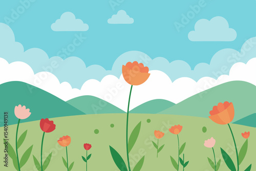 Vibrant Spring Meadow Colorful Tulips Blooming in Sunny Landscape