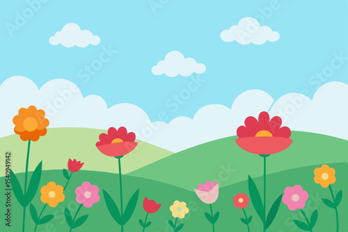 Vibrant Spring Meadow Colorful Flowers Blooming in Sunny Landscape