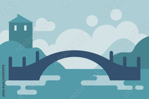Serene Bridge Landscape  Tranquil Waterway, Picturesque Hills, and a Charming House