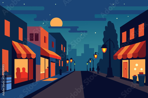 Night Street Scene Cozy Town at Dusk, Tranquil Evening Ambiance