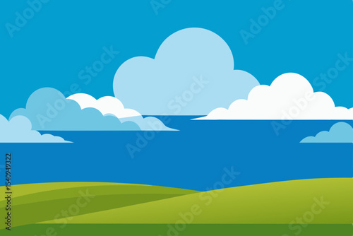 Serene Landscape Rolling Hills, Azure Sky, and Fluffy Clouds