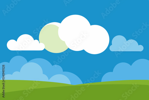 Serene Sunny Day Landscape Rolling Hills, Fluffy Clouds, and Bright Sky