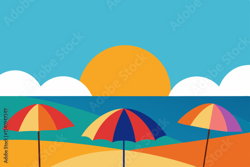 Tropical beach with sunshade, parasol, and summer sea under a sunny sky perfect for a relaxing vacation