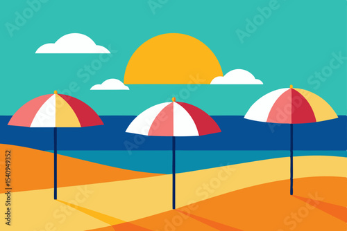 Colorful beach umbrella on a sunny tropical coast, perfect for summer vacation relaxation by the sea