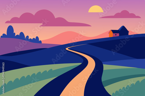 Vibrant summer landscape at sunset with a winding road leading to majestic mountains under a beautiful sky