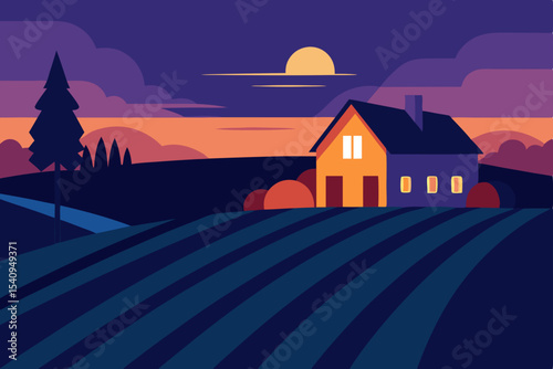 Night landscape illustration with a haunted house in the mountains under a moonlit sky, featuring an old village scene