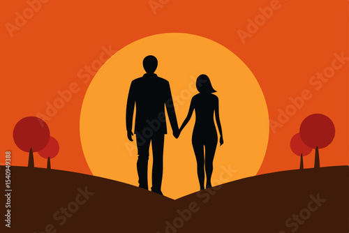 Family group walking on the beach at sunset, a loving couple silhouette in nature
