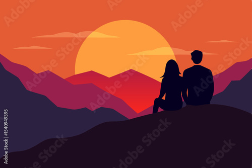 Romantic summer sunset landscape: couple's silhouette on a hill overlooking the orange sky