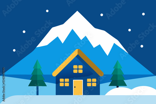 Christmas winter landscape with houses, snow-covered trees, and cozy village homes at night, perfect for a holiday card