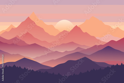 Misty blue mountain peaks at sunrise with a panoramic sky view, a serene nature landscape
