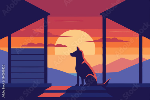 Black vector silhouette illustration of a cat and dog on a roof at sunset, with a wolf and horse under the moonlit night sky