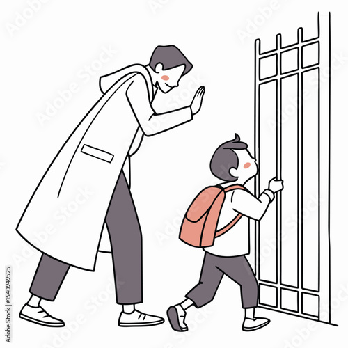 Vector drawing of a teacher guiding a young child to the school gate. A meaningful image for education, school environment, child safety, and morning routines.