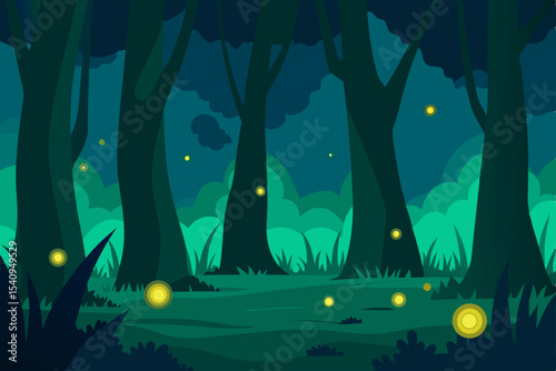 Dark underwater night landscape with trees and stars, deep blue ocean light