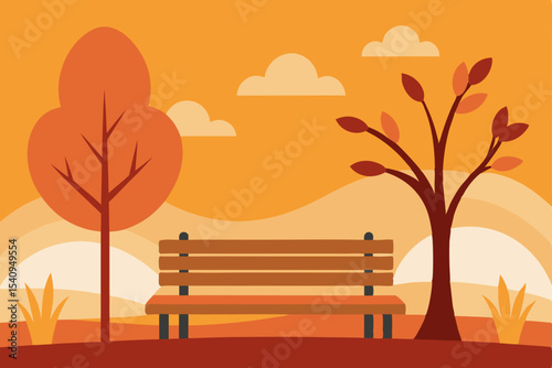 Autumn park landscape with a solitary bench under an orange sunset sky, surrounded by fall trees