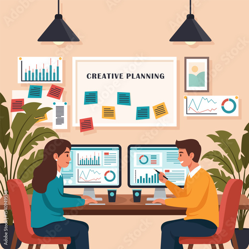 Creative Office Teamwork and Business Planning Illustration