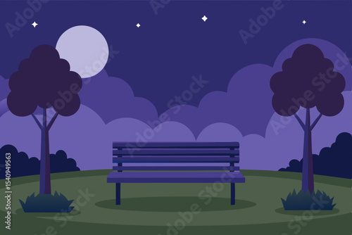 Moonlit park bench under a starry night sky with silhouetted trees