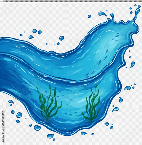 Dynamic Water Splash: A vivid illustration showcases a captivating blue water splash, accentuated by artistic details and a hint of aquatic plant life.