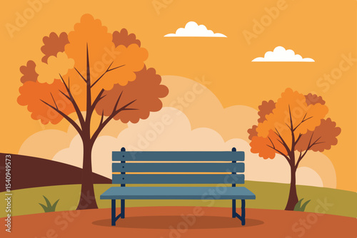 Wooden bench in an autumn park with colorful trees, blue sky, and a serene lake view