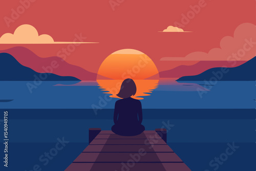 Woman enjoying the sunset silhouette over the sea, whether sitting on a pier, relaxing on the beach, or gazing from a roof, embodies the tranquility of nature and summer travel