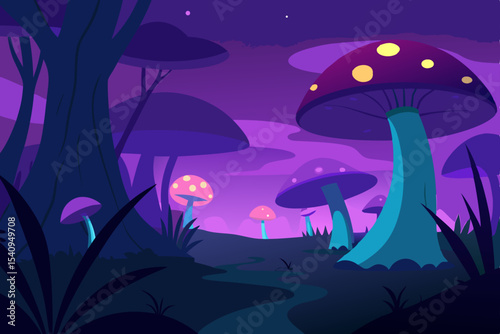 Underwater nature life with cartoon marine animals in a tropical blue deep ocean reef, and mushrooms in the forest